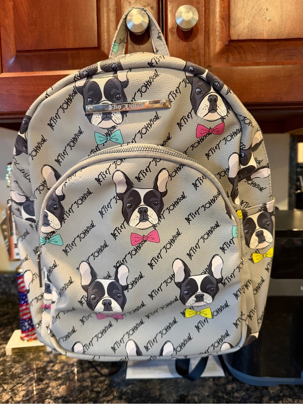 Betsey Johnson Gray French Bulldog print Backpack with Colorful Bows